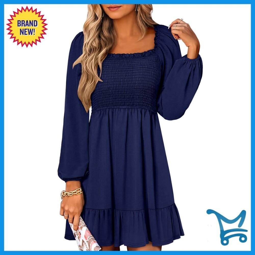Long Sleeve Square Neck Dress Smocked Tiered High Waist Ruffle Flowy Swing